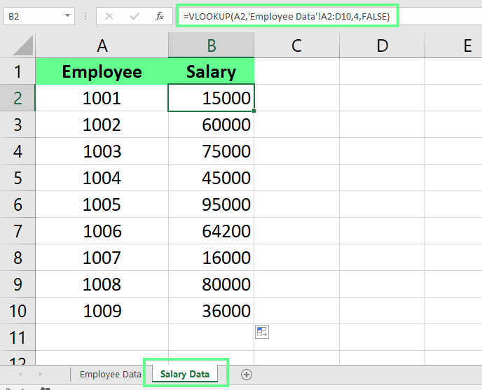 datos extraídos de la hoja de Datos del Empleado y copiados a la hoja de Datos Salariales en Excel