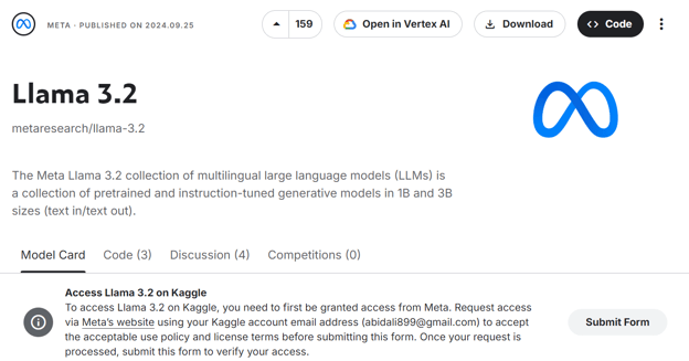Meminta akses model llama 3.2 dari situs Kaggle.