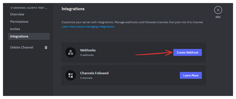 The integrations tab of a Discord server that shows the list of webhooks.