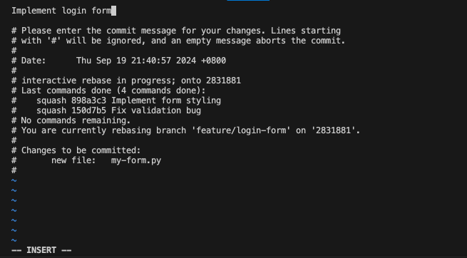 Exemplo de mensagem de commit do Squash