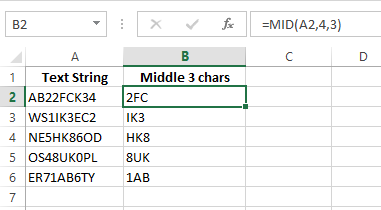 Fetching middle 3 characters using MID function.