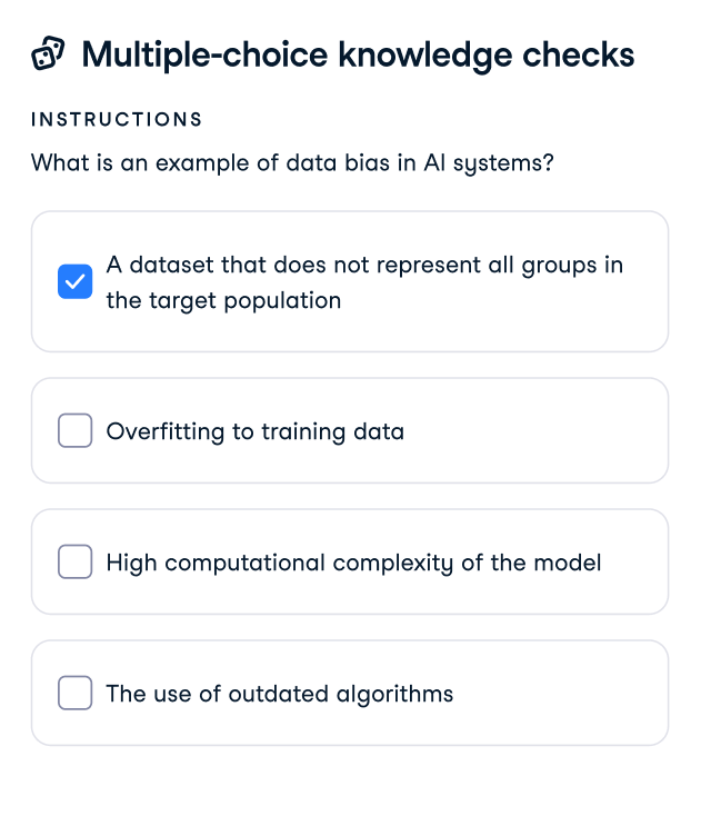 A screenshot of multiple choice knowledge checks