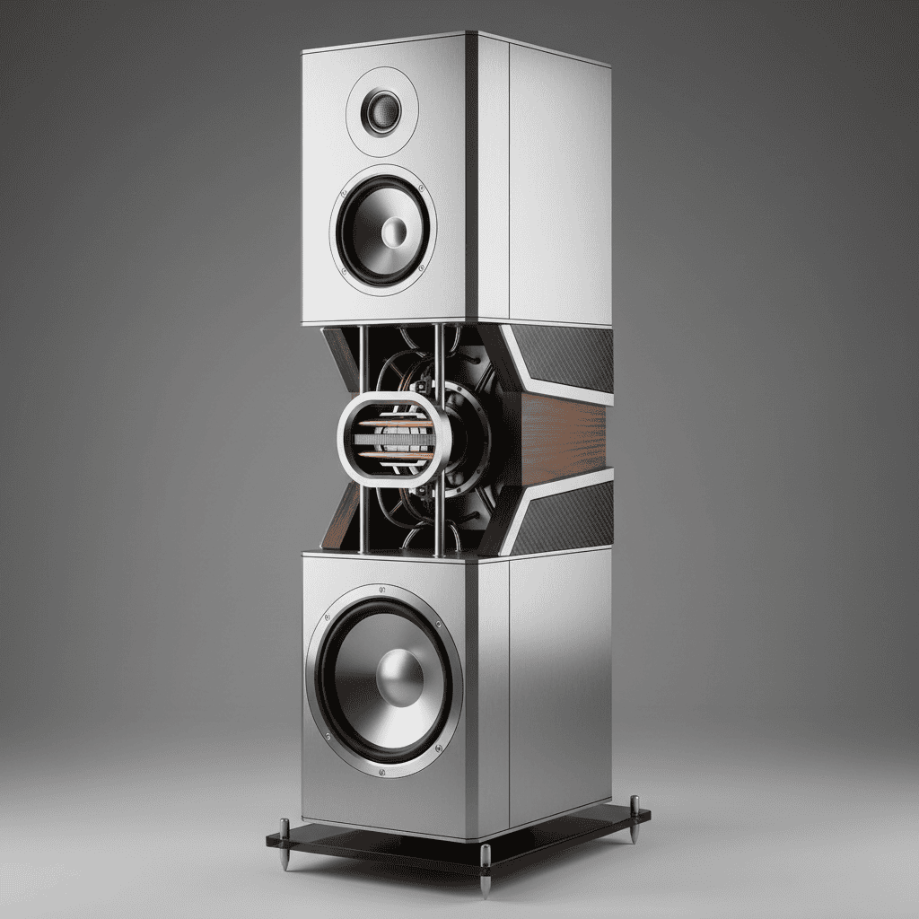 High-end audiophile tower speaker in minimalist design.png