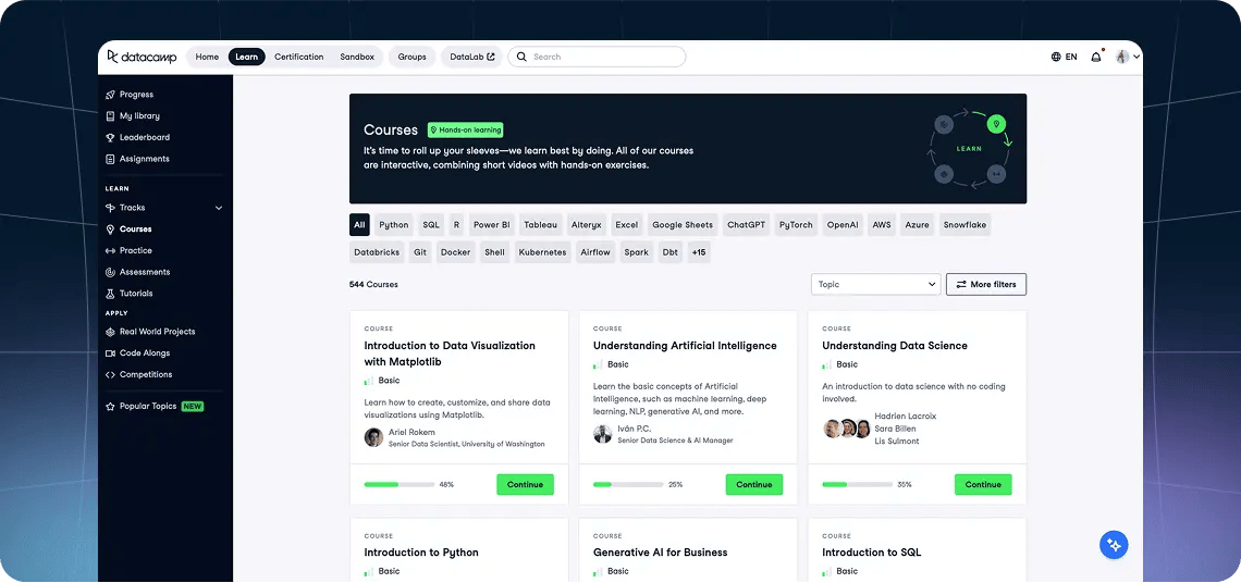 Screenshot of DataCamp's learn dashboard