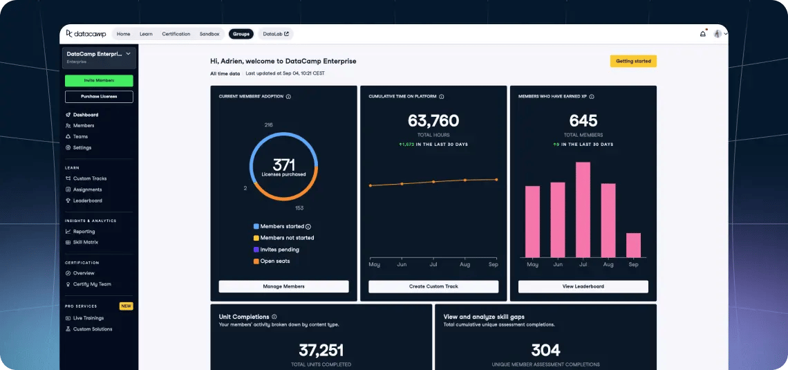 Screenshot of DataCamp's enterprise dashboard