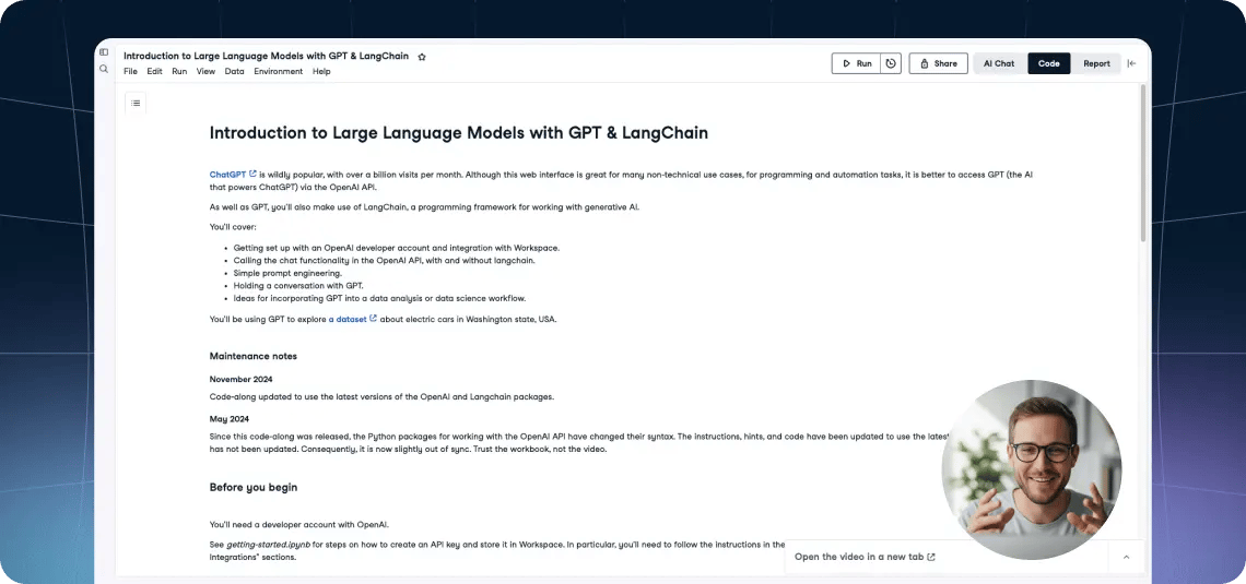 Screenshot of DataCamp's blended learning interface
