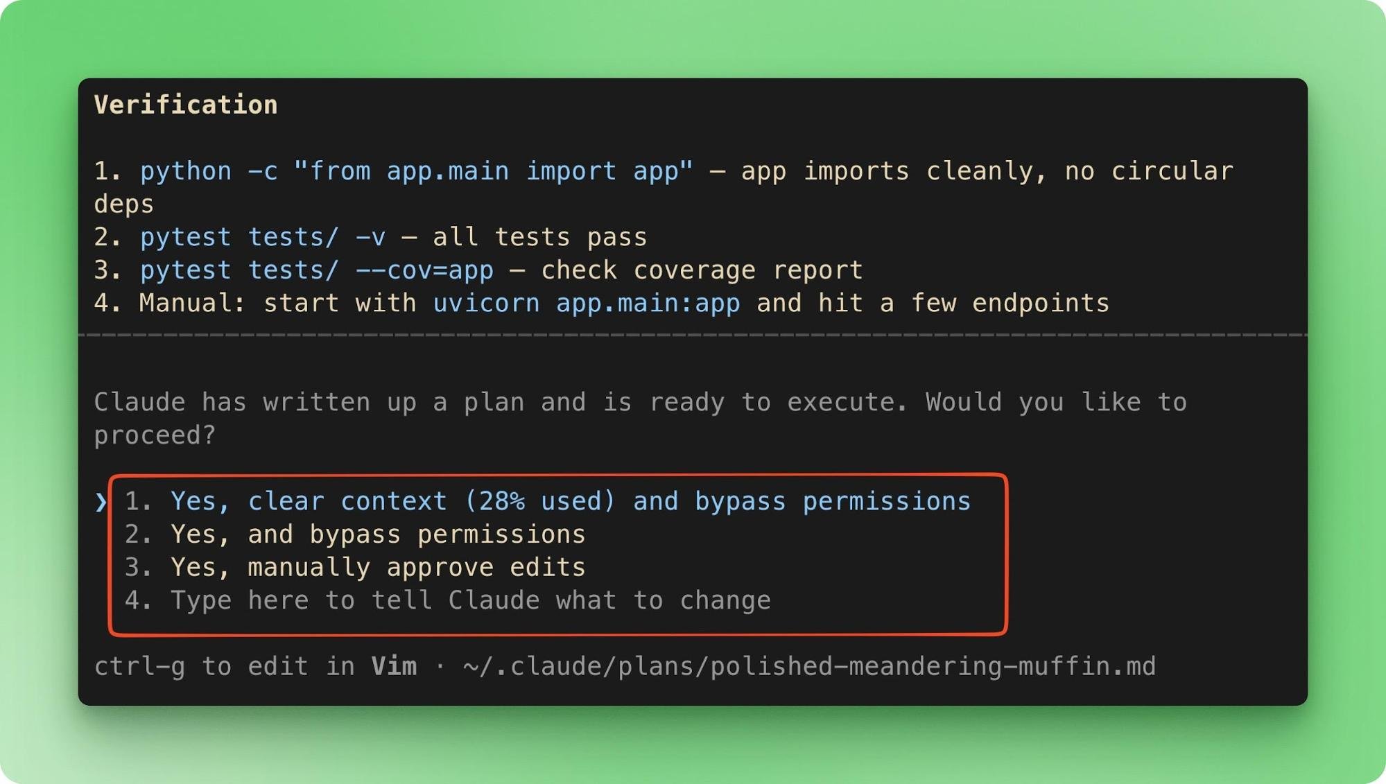 Claude Code plan completion screen showing three work options and the Ctrl+G shortcut to edit the plan in Vim