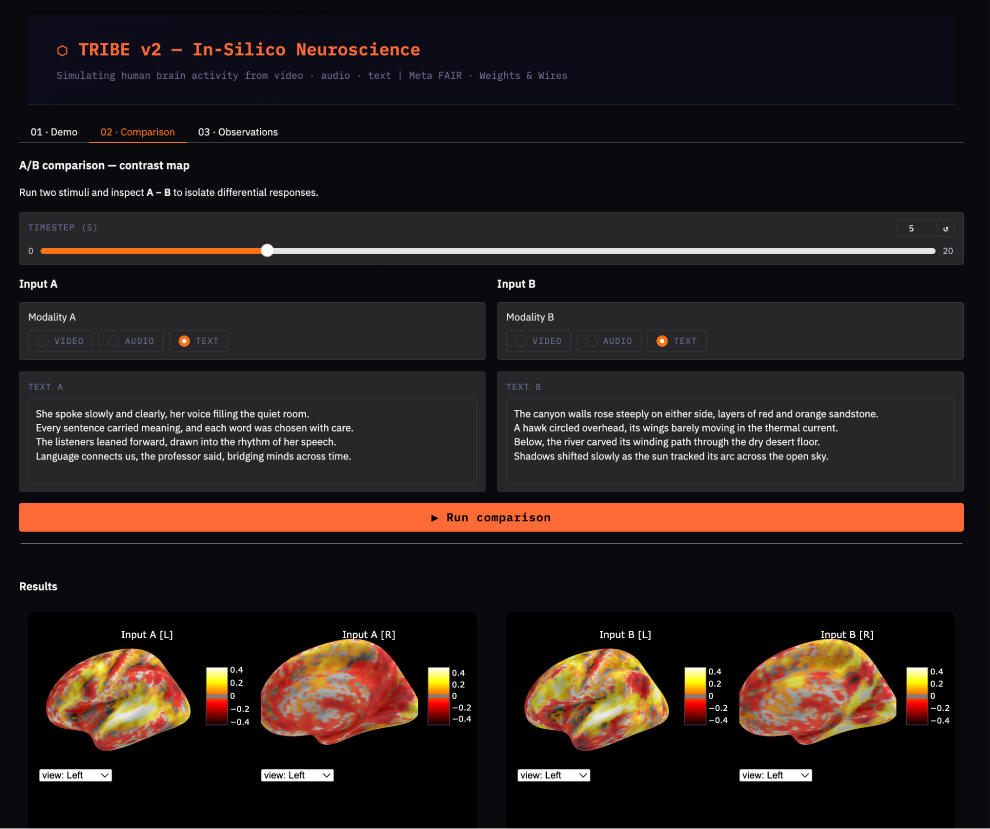 TRIBE v2 Comparing two text inputs