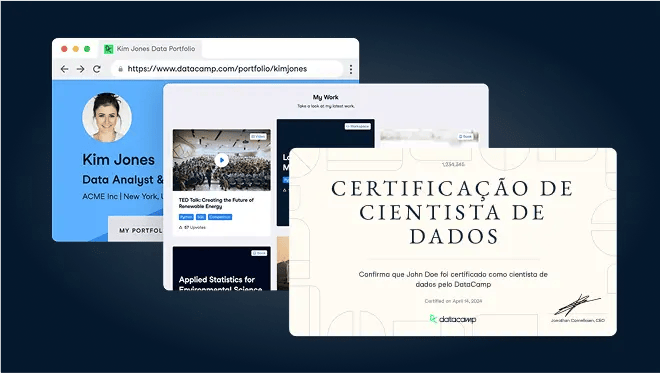 Capturas de tela de certificados, certificações disponíveis e perfis'