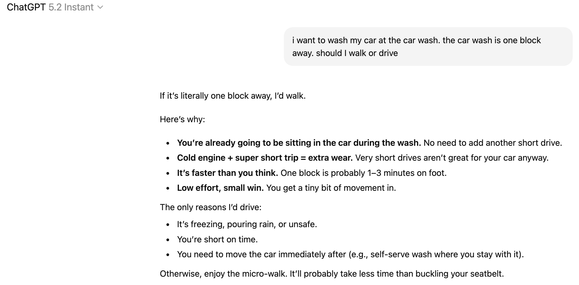 GPT-5.2 Instant recommends walking to the car wash