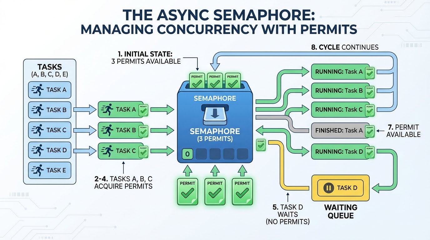 Async semaphore for managing concurrency with permits.