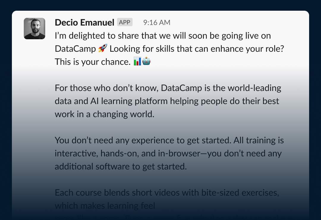 DataCamp onboarding email template on a mobile phone