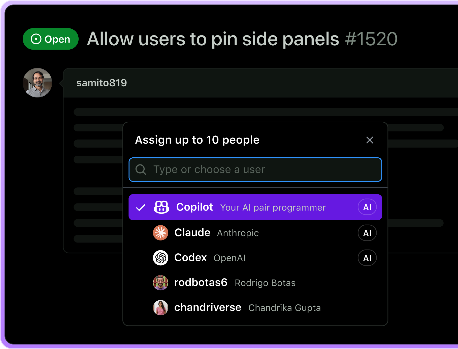 Pagina issue di GitHub con selettore assegnatario aperto, che evidenzia Copilot come assegnatario selezionabile.