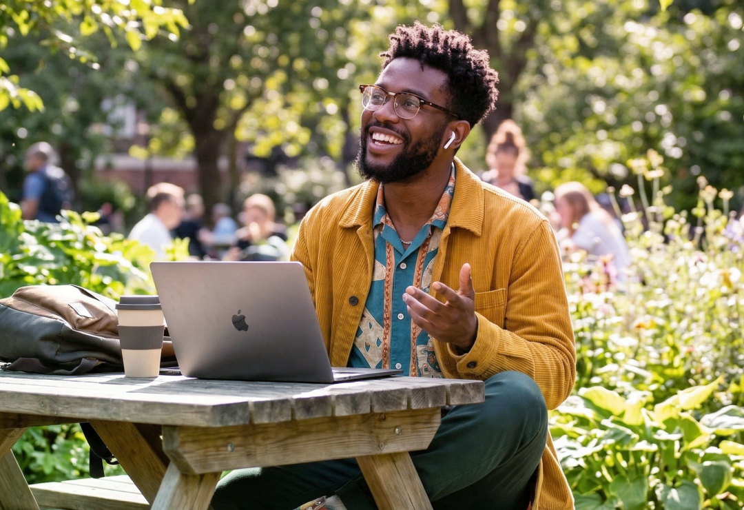 A man watching a pre-recorded video from a leader in his organization