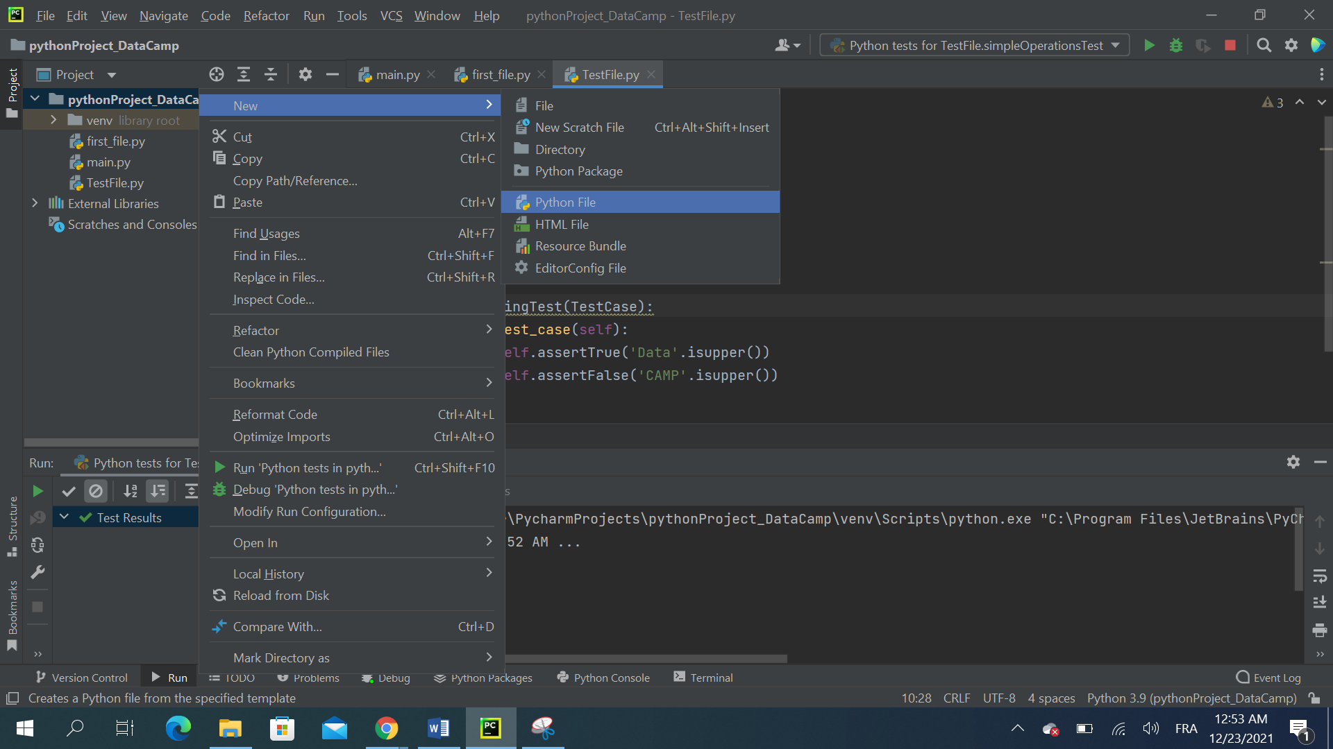 right-click on the project in the left panel and choose New | Python Fil