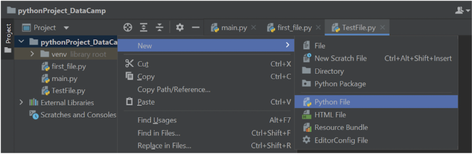Right-click on your project and select New Python file