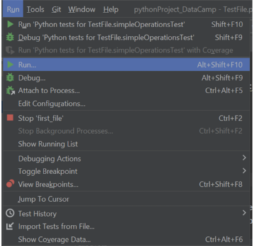 To run this in PyCharm, you can go to the Run tab and choose 'Run' as shown below