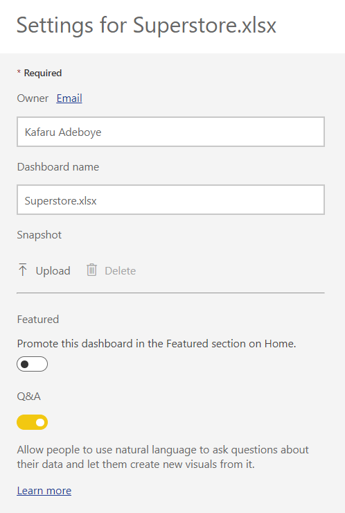 Ventana de ajustes de paneles de Power BI