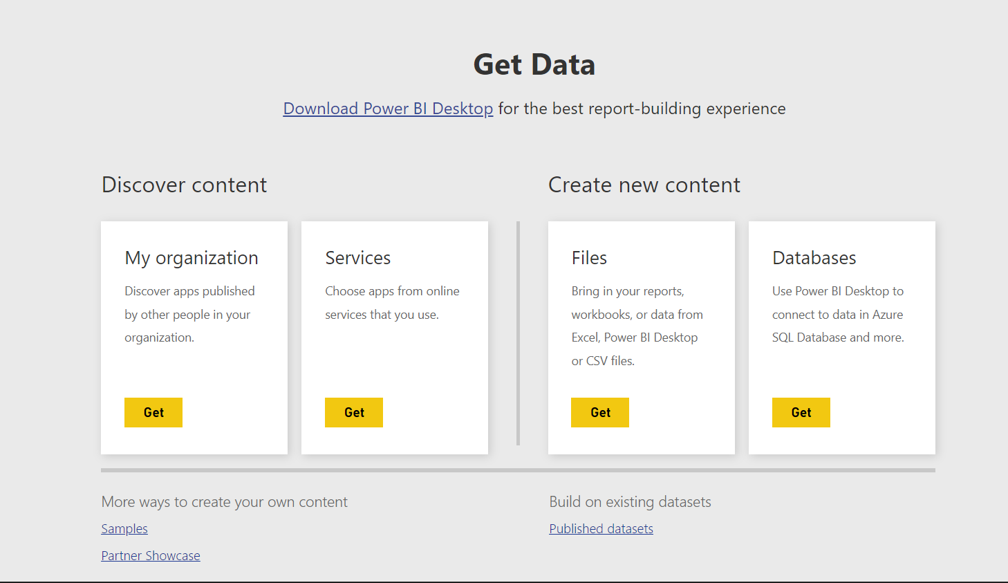 Captura de pantalla de Get Data de Power BI
