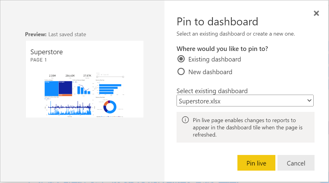 Opción Pin Live de Power BI