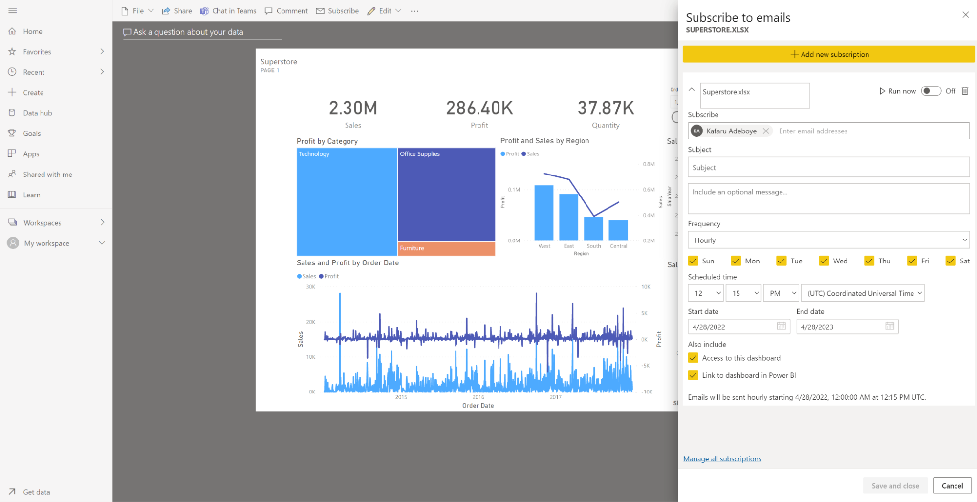Suscripción de panel de Power BI para correo electrónico