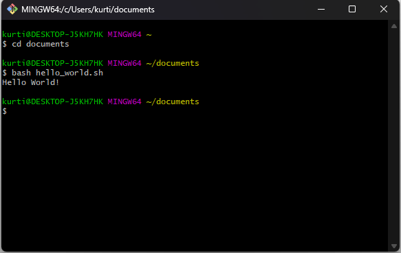 A call to the bash script returns “Hello World!” in the terminal.
