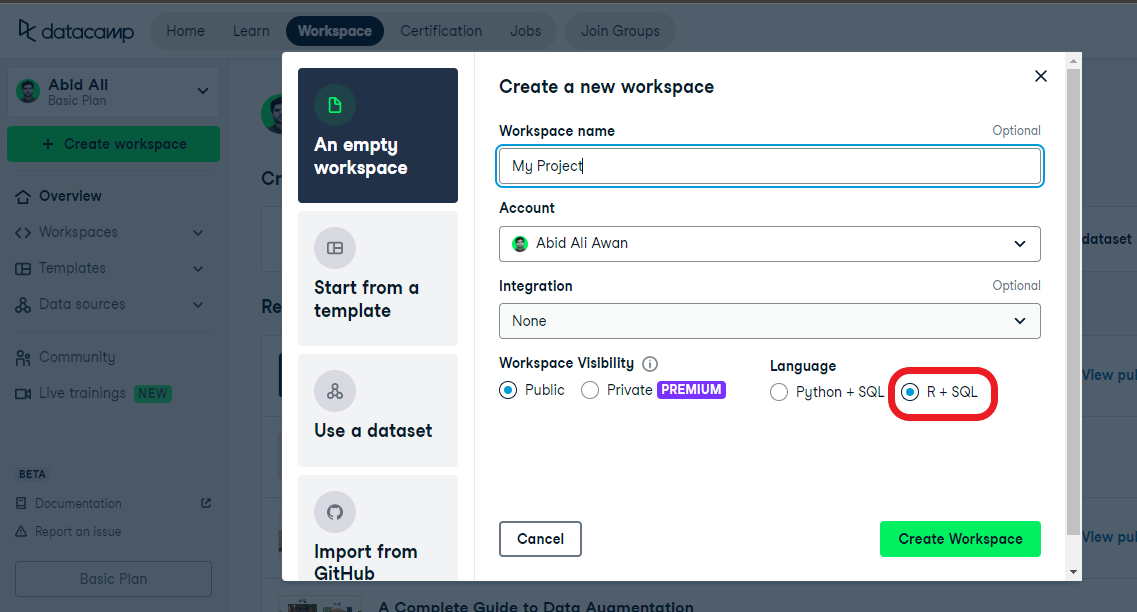 Área de trabajo de R de DataCamp para IDE Libre