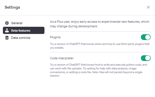 Ativação do interpretador de código dos recursos Beta nas configurações do ChatGPT