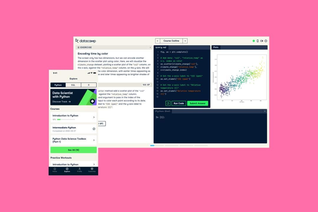 DataCamp learning interface, showing the live coding environment on mobile and desktop