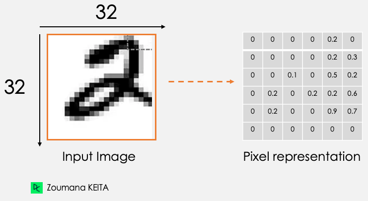 Illustration of the input image and its pixel representation