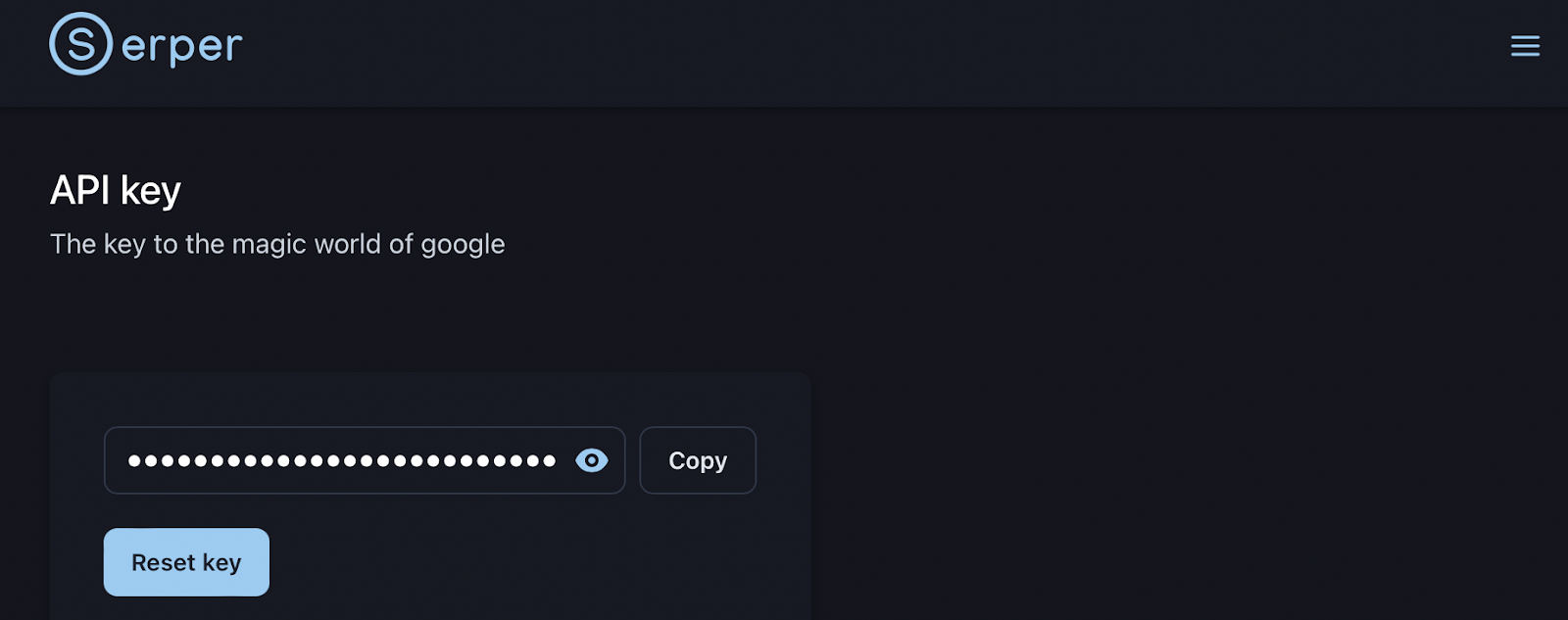 Screenshot from the API key generation on the Google Serper page