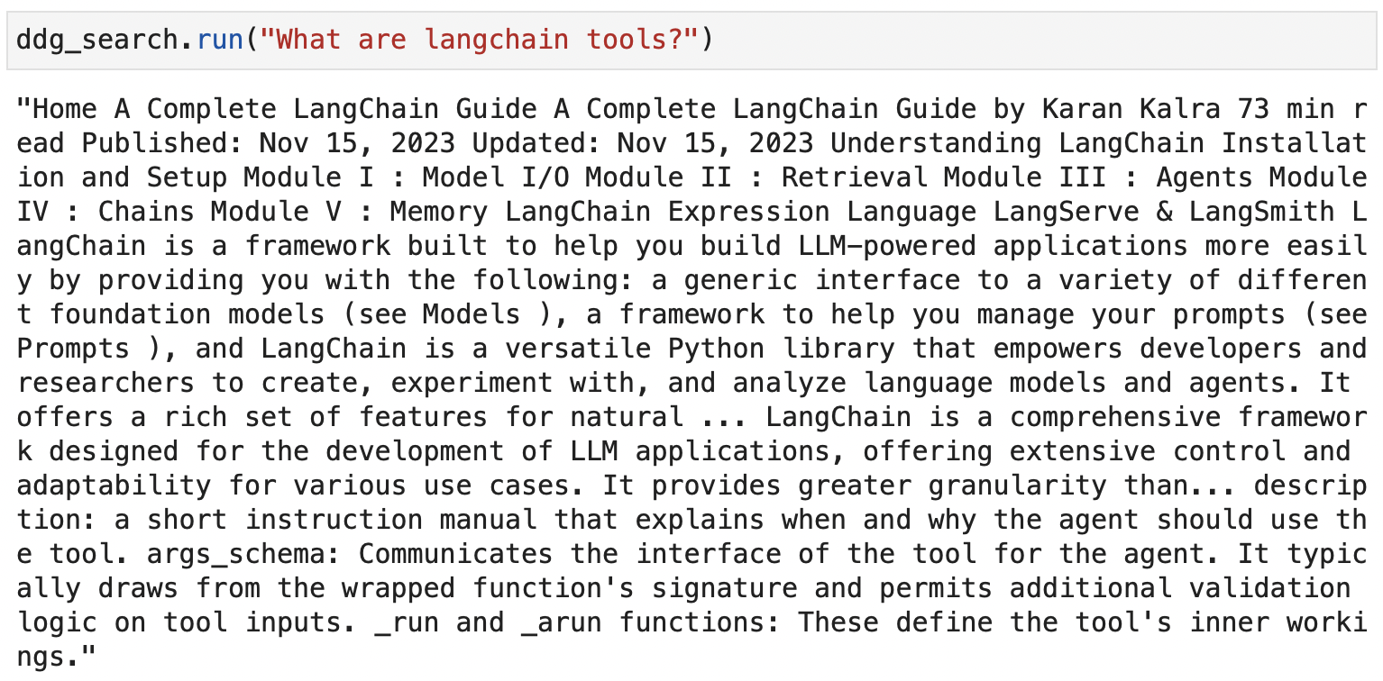 Screenshot from the ddg_search.run() execution for browsing the internet with DuckDuckGo