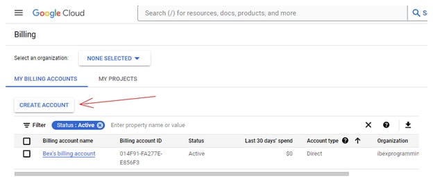 Uno screenshot di un account di fatturazione nella Google Cloud Console