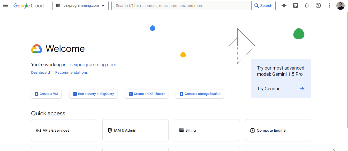 Una GIF che mostra come creare un nuovo progetto nella Google Cloud Console