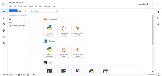 Uno screenshot dell'interfaccia di JupyterLab all'interno di un workbench Vertex AI