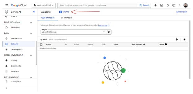 Uno screenshot della scheda datasets di Vertex AI