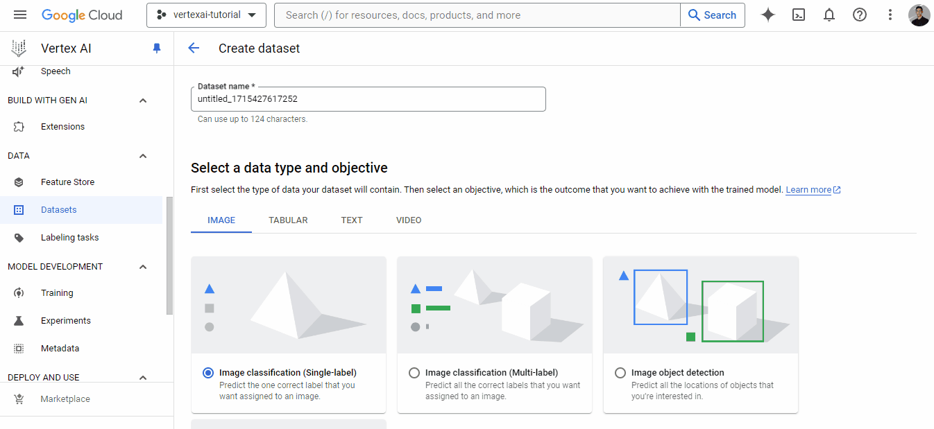 Una GIF che mostra come creare un nuovo dataset in Vertex AI