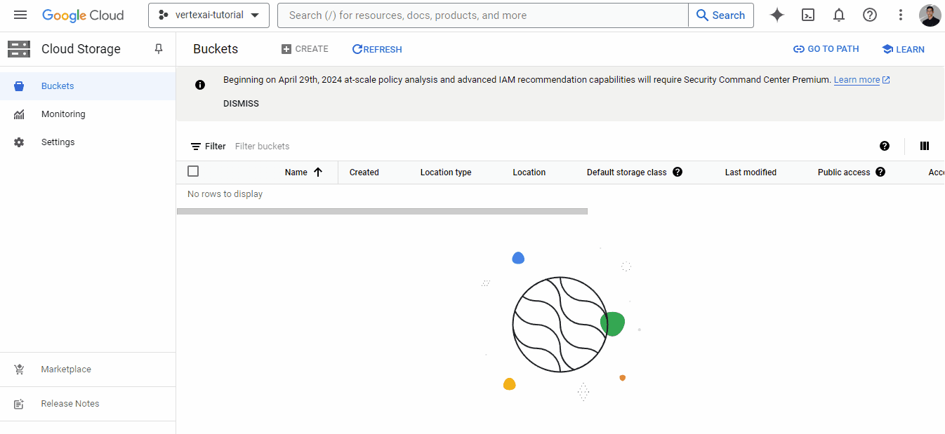 Una GIF che mostra come creare un bucket di Google Cloud Storage