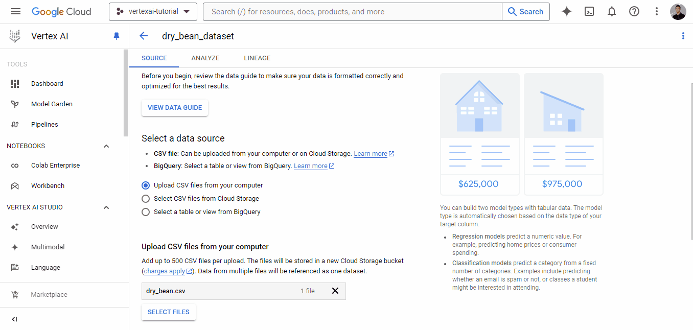 Una GIF che mostra come inserire un CSV locale in un bucket di cloud storage esistente
