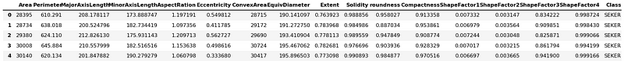 Le prime cinque righe del dataset Dry Beans dall'UCI.