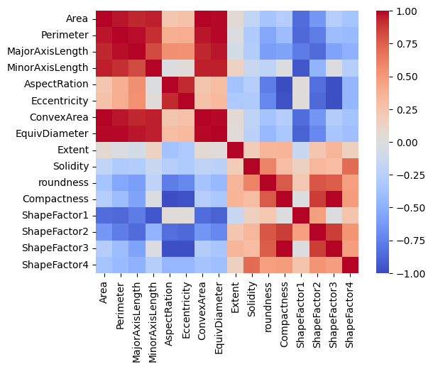 Una matrice di correlazione per le feature numeriche del dataset Dry Beans