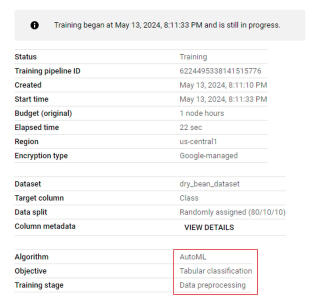 Un job di training in corso su Vertex AI
