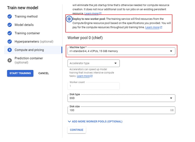 Pannello Compute and pricing del form per il training personalizzato in Vertex AI