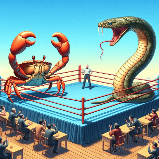 Immagine generata dall'AI di un Python e un granchio in un ring da boxe - per gentile concessione di DALL-E.