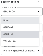 De accelerator wijzigen naar GPU P100 in Kaggle