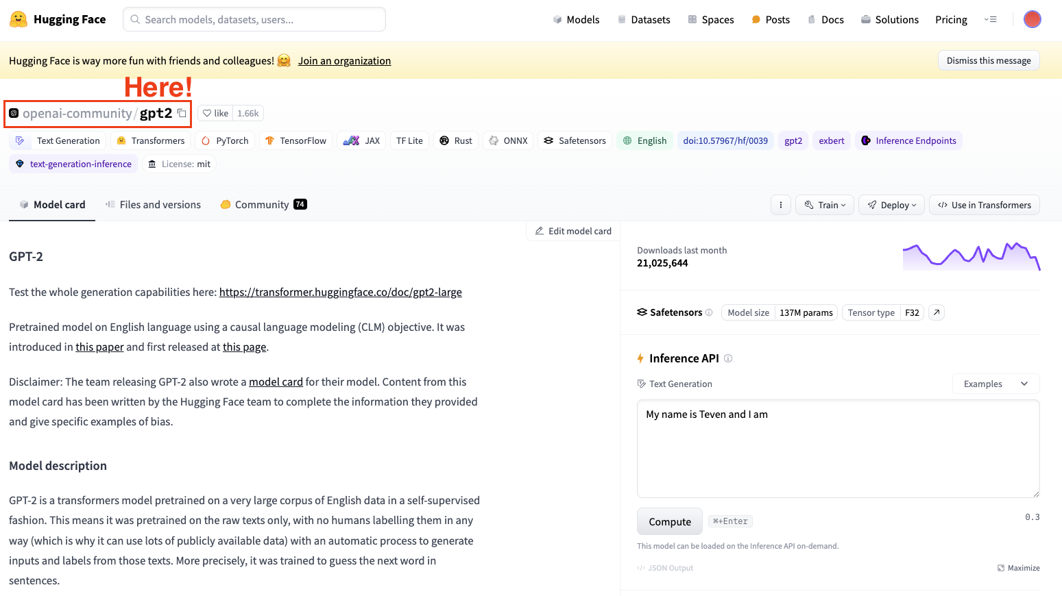 Screenshot of Hugging Face Datasets Hub. Selecting OpenAI’s GPT2 model.