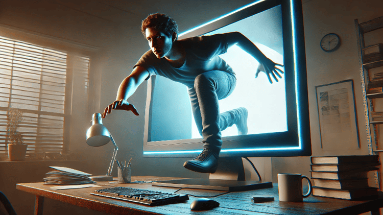 Man getting out of a monitor to represent the realistic images generated with Flux AI